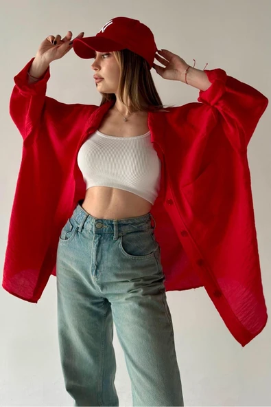 Kadın Oversize Nefes Alan Bambu Gömlek NKT-X02425 - Resim 3