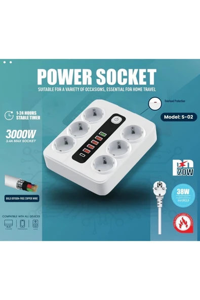 kens teknoloji Akıllı priz typ-c ve usb girişli 6 lı hızlı şarjlı akım korumalı ürün görseli 1