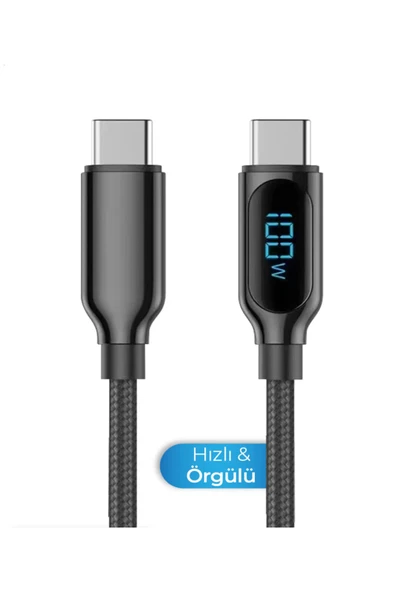 kens teknoloji DİJİTAL GÖSTERGELİ TYPE-C TO TYPE-C ŞARJ KABLOSU 100 W SÜPER HIZLI DESTEKLİ ÖRGÜLÜ ÜST KALİTE ürün görseli 1