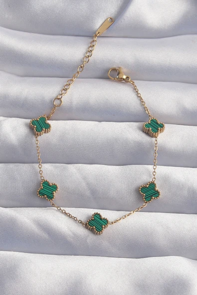 316L Çelik Baby Boy Gold Renk Çizgili Yeşil Mineli Yonca Bileklik - TJ-BB6271 ürün görseli 1