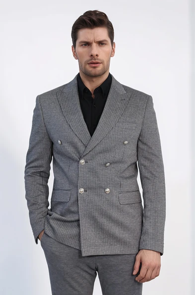 Antrasit Çizgili Gümüş Rengi Metal Düğmeli Slim Fit Kruvaze Blazer – Wessi ürün görseli 1