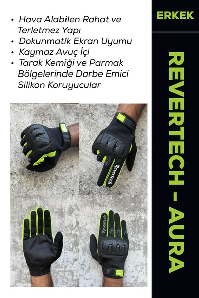 Revertech Aura Siyah / Neon - Dokunmatik Ekran Uyumlu Erkek Motosiklet Eldiveni + BUFF HEDİYELİ ürün görseli 1
