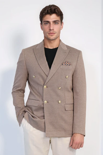 Kum Beji Çizgili Altın Rengi Metal Düğmeli Slim Fit Kruvaze Blazer – Wessi ürün görseli 1