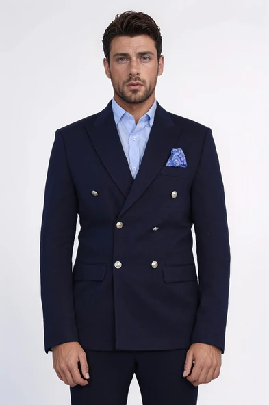 Lacivert Düz Kumaş Gümüş Rengi Metal Düğmeli Slim Fit Kruvaze Blazer – Wessi ürün görseli 1