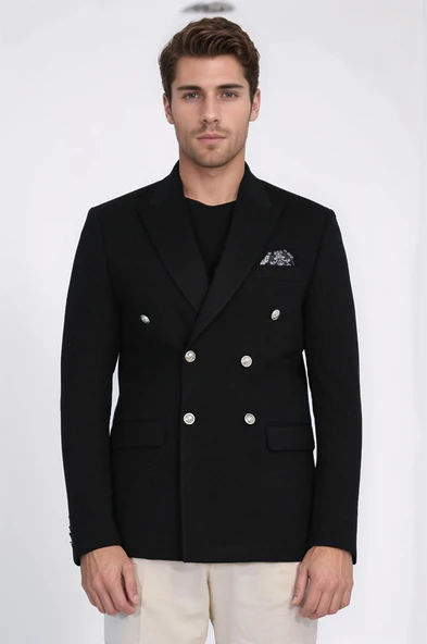 Siyah Düz Kumaş Gümüş Rengi Metal Düğmeli Slim Fit Kruvaze Blazer – Wessi ürün görseli 1
