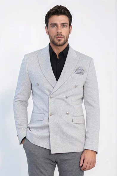 Gri Çizgili Gümüş Rengi Metal Düğmeli Slim Fit Kruvaze Blazer – Wessi ürün görseli 1