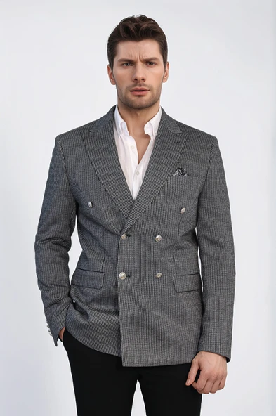 Siyah Çizgili Gümüş Rengi Metal Düğmeli Slim Fit Kruvaze Blazer – Wessi ürün görseli 1