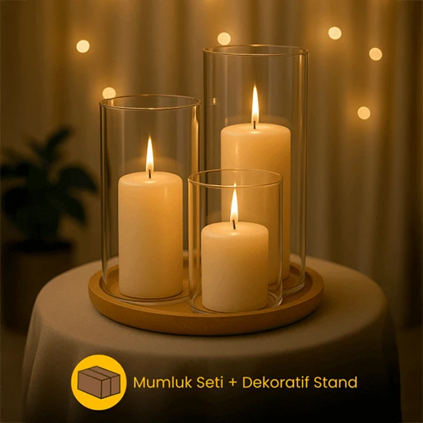Dekoratif 4'lü Set, Bambu Sunumluk ve 3'lü Mumluk Seti, Isıya Dayanıklı Borosilikat Cam Mumluklar ürün görseli 1