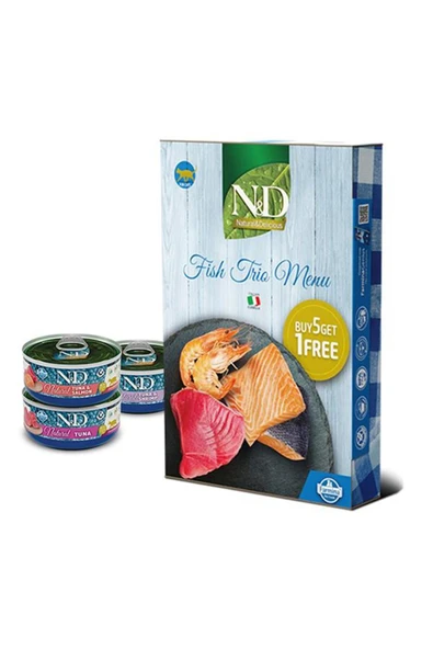 N&D Fish Trio Menü Somonlu Ve Karidesli Yetişkin Kedi Konserve Yaş Maması 6 X 70 gr ürün görseli 1