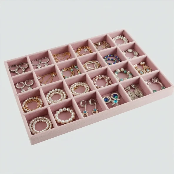 Varşova Model Süet Kumaş Pembe Renk 24/34 24 Bölmeli Takı Tablası ürün görseli 1