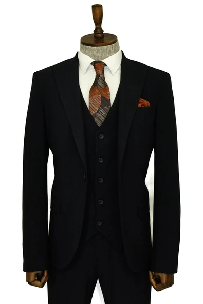 Tek Düğmeli Slim Fit Lacivert Yelekli Erkek Takım Elbise - Wessi ürün görseli 1