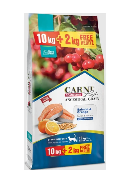 Carni Life Az Tahıllı Sterilised Somon ve Portakallı Kısırlaştırılmış Yetişkin Kedi Maması 10 Kg + 2 Kg ürün görseli 1