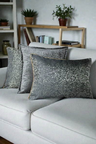 Kırlent Kılıfı Desenli Jakarlı Dokuma ve İthal Kadife Kumaş Seti 45x45 ve 35x50 Çift Taraflı Biyeli ürün görseli 1