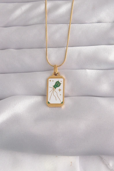 316L Çelik Gold Renk Beyaz Mineli Tarot Kolye - TJ-BKO9039 ürün görseli 1