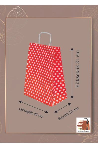 AMBALAJDÜNYAM Kırmızı Puantiyeli Yılbaşı Kraft Burgu Saplı Hediye Poşeti / Çantası (25x12x31) - 10 adet - Orta Boy ürün görseli 1