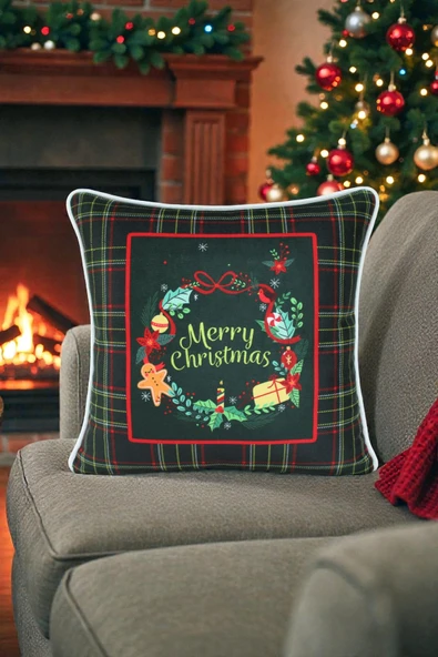 Kırlent Kılıfı Yılbaşı Temalı Merry Christmas 45x45 Raşel Örme Kadife Dijital Baskı Beyaz Biyeli ürün görseli 1