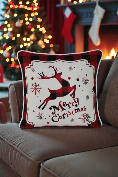 Kırlent Kılıfı Yılbaşı Temalı Merry Christmas 45x45 Raşel Örme Kadife Dijital Baskı Beyaz Biyeli ürün görseli 1