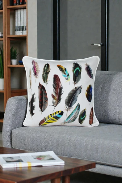 Kırlent Kılıfı Kuş Tüyü Desenli 45x45 Raşel Örme Kadife Çift Taraflı Dijital Baskı Beyaz Biyeli ürün görseli 1