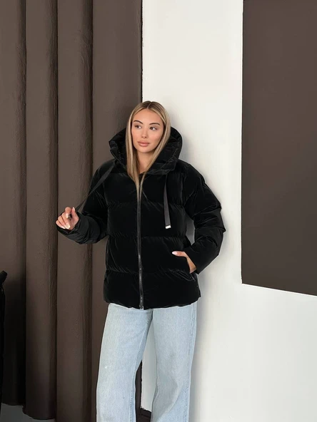 Kapüşonlu Kadife Puffer Mont - Resim 2