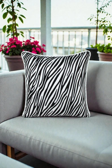 Kırlent Kılıfı Zebra Çizgili Desenli 45x45 Raşel Örme Kadife Çift Taraflı Dijital Baskı Beyaz Biyeli ürün görseli 1