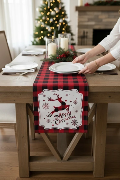 Masa Örtüsü Runner Yılbaşı Temalı Merry Christmas 140x40 Raşel Örme Kadife Dijital Baskı ürün görseli 1