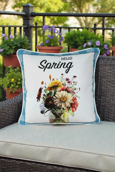 Kırlent Kılıfı Bahar Temalı Hello Spring 45x45 Raşel Örme Kadife Dijital Baskı Beyaz Biyeli ürün görseli 1