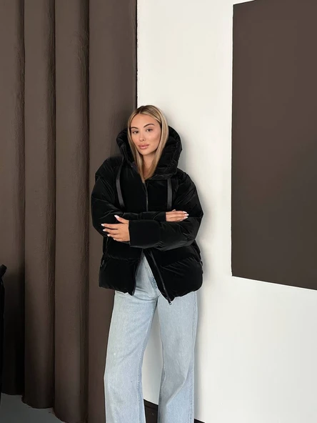 Kapüşonlu Kadife Puffer Mont - Resim 3