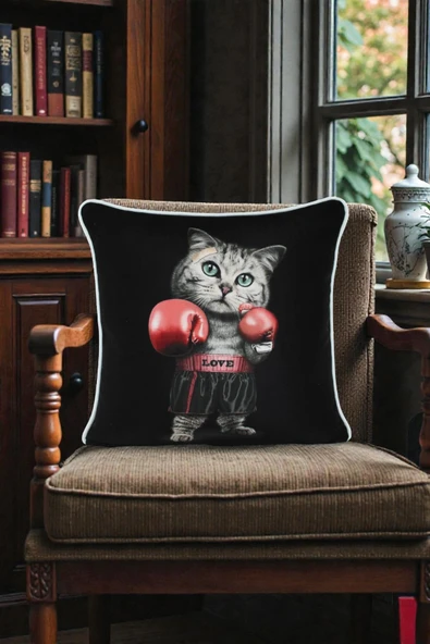 Kırlent Kılıfı Boksör Kedi Desenli 45x45 Raşel Örme Kadife Çift Taraflı Dijital Baskı Beyaz Biyeli ürün görseli 1