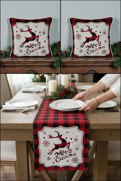 Yılbaşı Temalı Merry Christmas Kadife Kırlent Kılıfı ve Masa Runner Seti Dijital Baskı ürün görseli 1