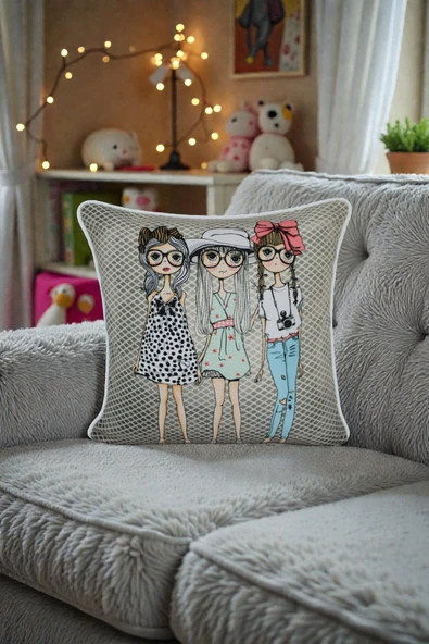 Kırlent Kılıfı Figürlü Desen 45x45 Raşel Örme Kadife Çift Taraflı Dijital Baskı Beyaz Biyeli ürün görseli 1