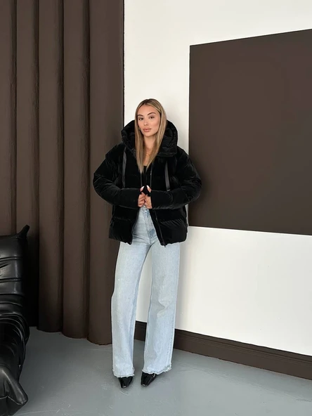 Kapüşonlu Kadife Puffer Mont - Resim 6