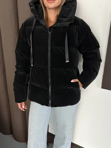 Kapüşonlu Kadife Puffer Mont - Resim 4