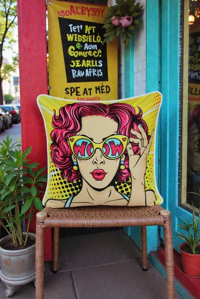 Kırlent Kılıfı Pop Art Figür Desenli 45x45 Raşel Örme Kadife Çift Taraflı Dijital Baskı Beyaz Biyeli ürün görseli 1