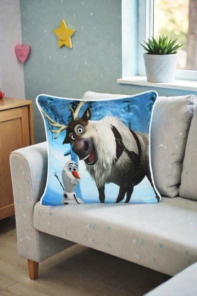 Kırlent Kılıfı Kardan Adam Desenli 45x45 Raşel Örme Kadife Çift Taraflı Dijital Baskı Beyaz Biyeli ürün görseli 1