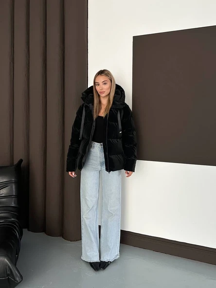 Kapüşonlu Kadife Puffer Mont - Resim 5