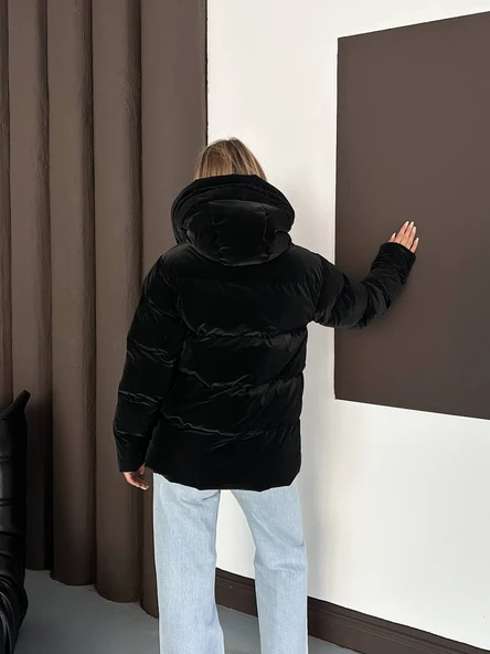 Kapüşonlu Kadife Puffer Mont - Resim 8