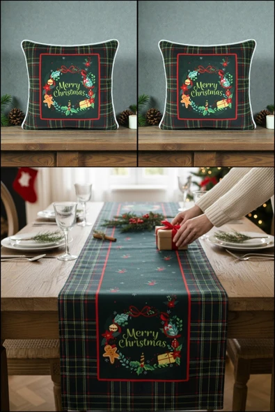 Yılbaşı Temalı Merry Christmas Kadife Kırlent Kılıfı ve Masa Runner Seti Dijital Baskı ürün görseli 1