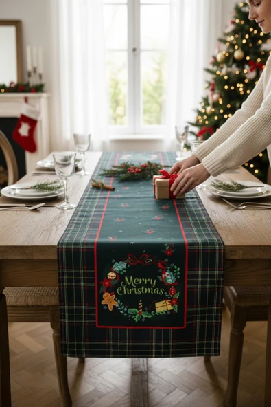 Masa Örtüsü Runner Yılbaşı Temalı Merry Christmas 140x40 Raşel Örme Kadife Dijital Baskı ürün görseli 1