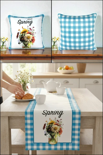 Bahar Temalı Hello Spring ve Kare Desenli Kadife Kırlent Kılıfı ve Masa Runner Seti Dijital Baskı ürün görseli 1