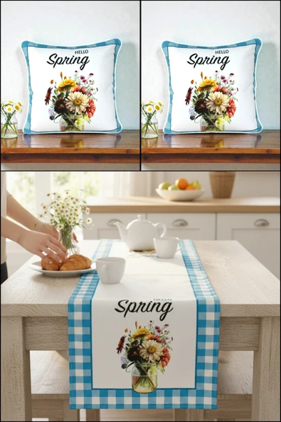 Bahar Temalı Hello Spring Kadife Kırlent Kılıfı ve Masa Runner Seti Dijital Baskı ürün görseli 1