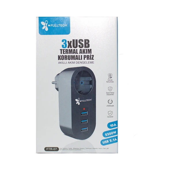 Akım Korumalı Tekli Priz - Akıllı Akım Dengeleme - 3xusb - Isıya Karşı Dayanıklı ürün görseli 1