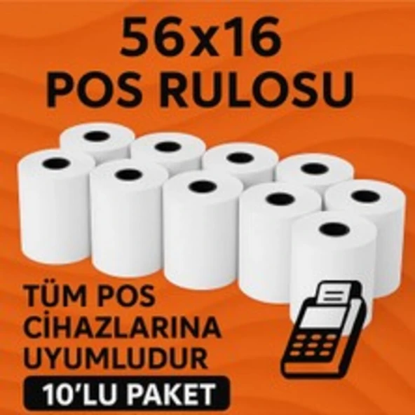 56 mm x 16 m Termal Pos Kağıdı - Pos Rulosu - Yazarkasa Pos Kağıdı 10 Adet ürün görseli 1