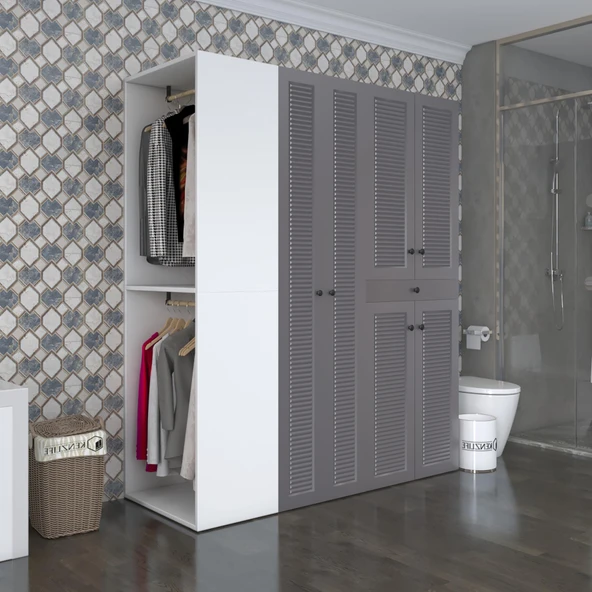 Kenzlife membran çamaşır-kurutma makinesi dolabı ve giysi dolabı çekmeceli eşari sol gribyz 187*160*60 mebran kapak MDF gövde banyo ürün görseli 1