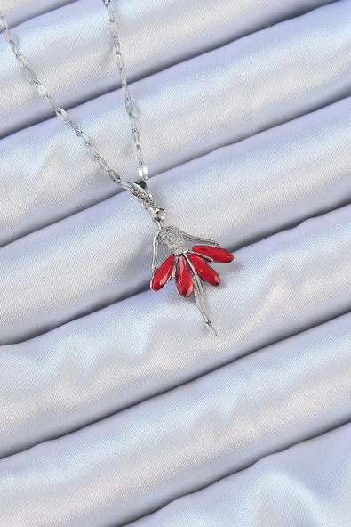 316L Çelik Zincir Gümüş Renk Kırmızı Etekli Zirkon Taşlı Balerin Kolye - TJ-BKO9100 ürün görseli 1