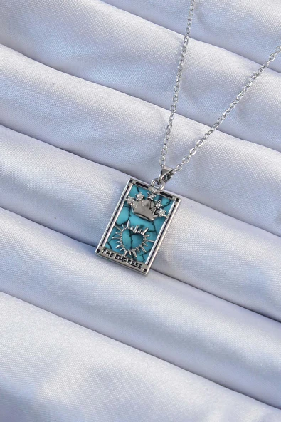 316L Çelik Zincir Gümüş Renk Zirkon Taşlı Mavi Mermer Desenli Taç Model Tarot Kolye - TJ-BKO9244 ürün görseli 1