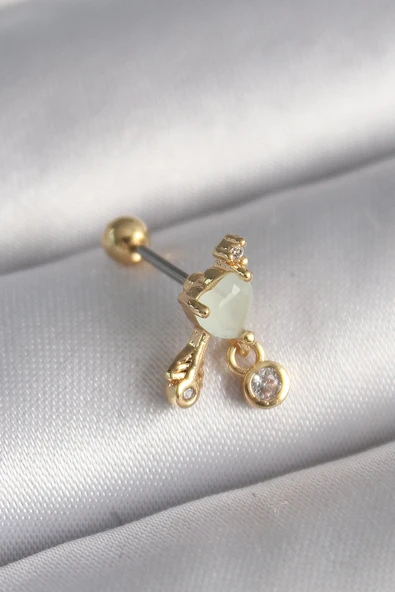316L Çelik Gold Renk Beyaz Mineli Kalp Sallantı Zirkon Taşlı Tragus Piercing - TJ-PR1228 ürün görseli 1