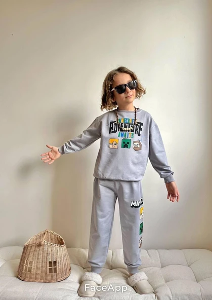 Cg Kids Minecraft Gri Erkek Çocuk 2 Iplik Alt Üst Takım Süper Kalite Kumaş ürün görseli 1