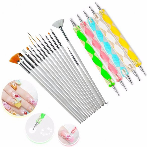 20 Parça Nail Art Tırnak Süsleme Desen Fırçası ve Dot Kalem Seti Beyaz Renk Karışık Set ürün görseli 1
