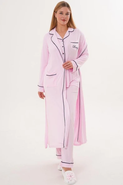 Mecit 6333 Pembe Kadın Sabahlıklı Boydan Düğmeli Pijama Takımı ürün görseli 1