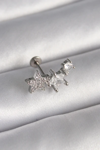 316L Çelik Gümüş Renk Zirkon Taşlı Yıldız Model Tragus Piercing - TJ-PR1339 ürün görseli 1